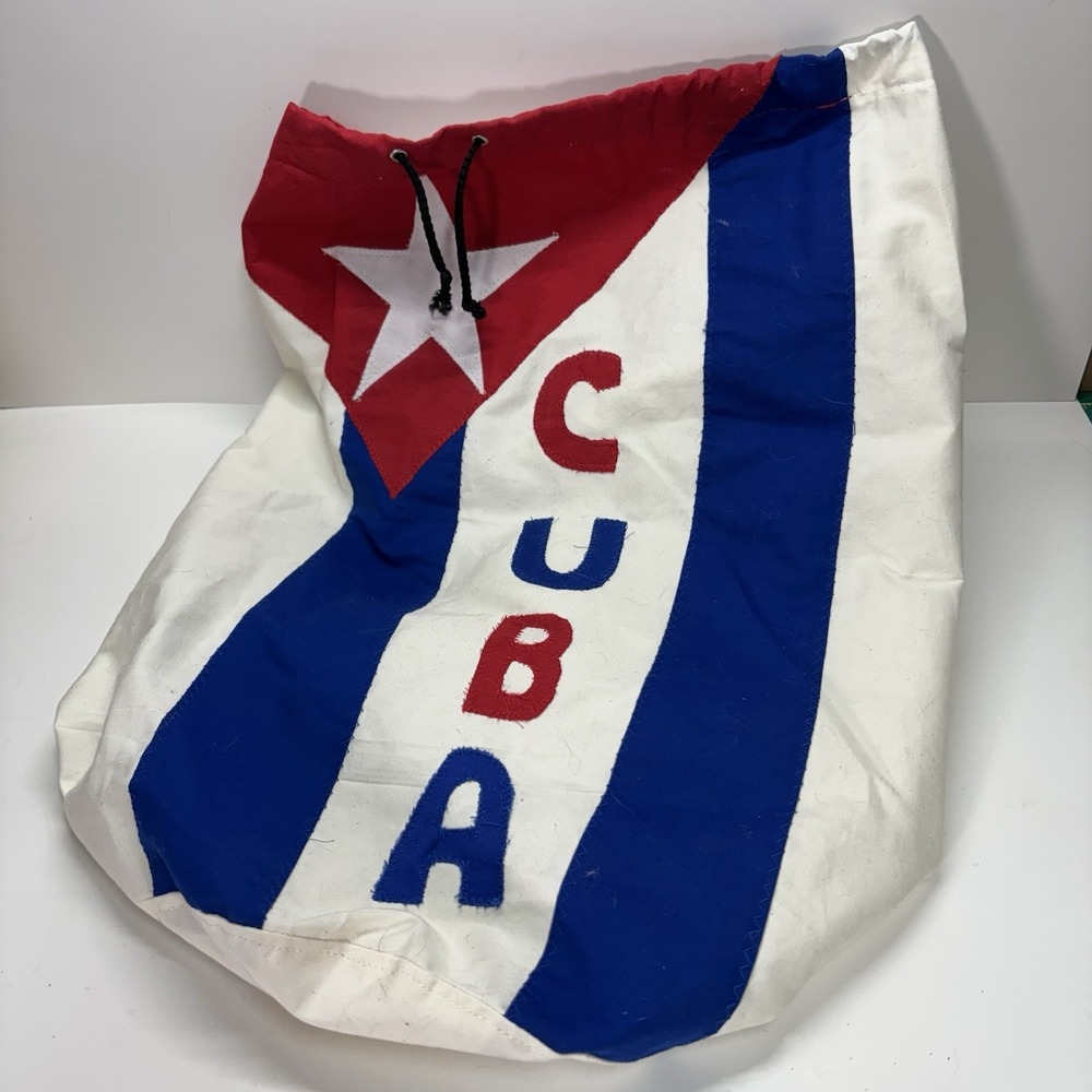 Vintage Handmade Cuba Drawstring Backpack Tote Bag‎ Red White Blue Travel Canvas